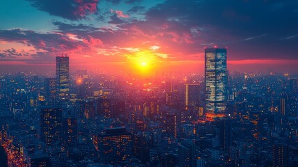 Fototapeta premium Vibrant sunset over a sprawling cityscape, buildings glowing in twilight
