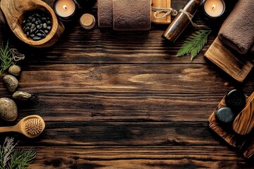 Relaxing spa setup with candles, tools, and natural stones on a wooden table creates a serene atmosphere for self-care