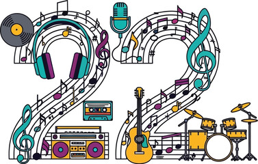 Vibrant celebration of music with instruments and notes forming the number 22