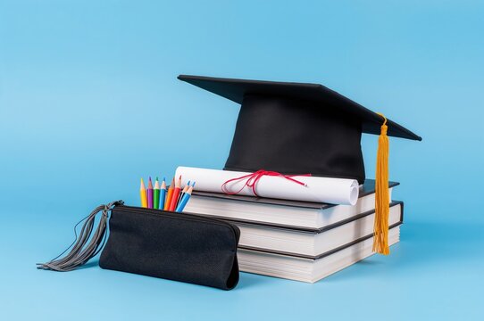 Cap and diploma resting on books with colorful pencils in a case against a blue backdrop, symbolizing academic achievement.