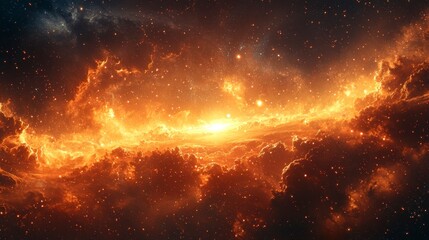 Fiery nebula with swirling orange and red gases, stars, and cosmic dust