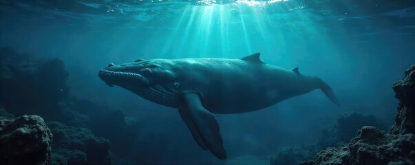 Fototapeta premium Submerged microphone captures the ethereal sounds of the deep ocean, a symphony of whale song and ocean currents A mysterious and beautiful underwater soundscape , underwater, sound, vibrations