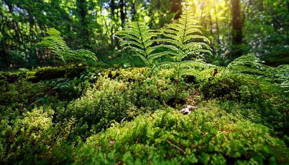 Fototapeta premium lush green ferns and moss carpet forest floor macro green