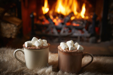Two mugs of hot chocolate with marshmallows on top, sitting in front of an open fireplace