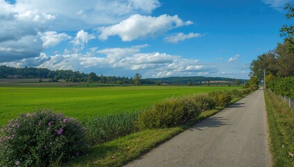 Naklejka premium Cartoon-style summer landscape showcasing green fields, meadows, and a path surrounded by blooming shrubs in a countryside environment
