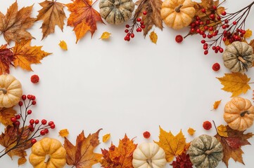 Fall arrangement with dried foliage, pumpkins, blossoms, and berries on a white surface. Overhead perspective, flat lay, empty space.