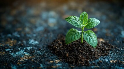 A vibrant green seedling sprouts from dark soil