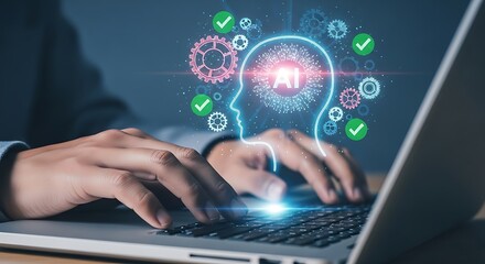Close up of a person s hands typing on a laptop keyboard with a glowing futuristic digital human head silhouette and ai brain interface overlay symbolizing artificial intelligence and innovation
