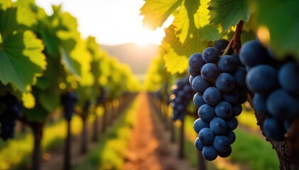 Fototapeta premium Sunlight streams through the leaves onto rows of pinot noir grapes, ready for harvest at a picturesque winery The scene evokes a sense of calm and the promise of a fine vintage , serenity, grapes