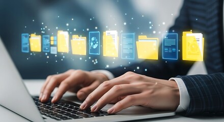 Close up of a person s hands typing on a laptop with a glowing digital bar chart overlay representing data analysis and financial growth