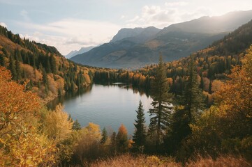 Obraz premium Deserted Quarry with a Lake Surrounded by Fall Trees