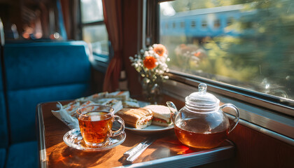 Passenger have lunch in train car by window, travel snack on table. Train meal and tea in glass holder, sandwich lunch in travel, slow living and comfortable journey, onboard snack, window seat