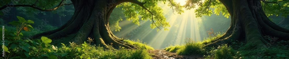 Canvas Prints untamed wilderness, sunlight dappling through ancient trees in a lush, vibrant forest deep shadows, 