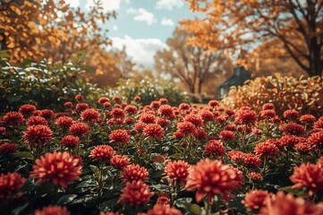 Naklejka premium The garden welcomes the fall season with a blanket of chrysanthemum blooms. Vibrant red flower petals showcasing nature's beauty.