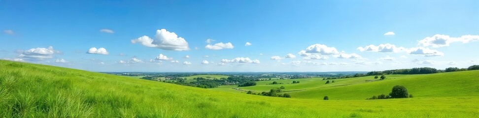 Fototapeta premium Vast, clear blue sky over the rolling hills and fields of the UK countryside Perfect summer day, idyllic landscape Peaceful, tranquil scene Natural beauty at its finest , horizon, panorama, british