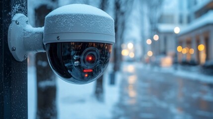 Snow-covered security camera on a snowy street