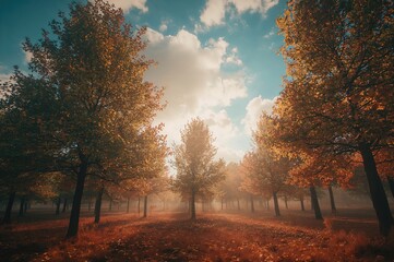 Fototapeta premium Enchanted woodland at sunrise in fall