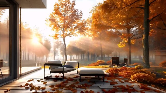 A vivid, sunlit interior scene with a modern architectural style. The main subject is a room with large glass windows, revealing a serene, autumnal landscape.
