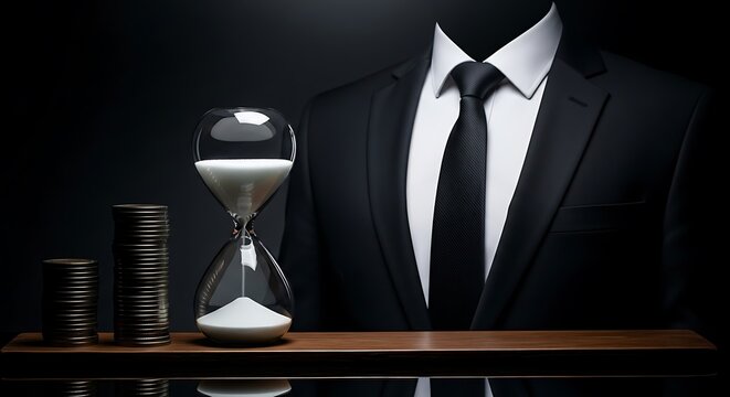 Time and Money: a Faceless Businessman's Perspective on Wealth and the Passage of Time, with Coins and an Hourglass.
