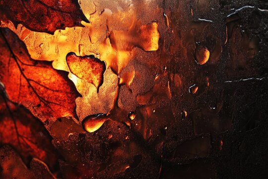 Autumn leaves pressed against a rain-covered window, backlit by a warm sunset glow. - Powered by Adobe