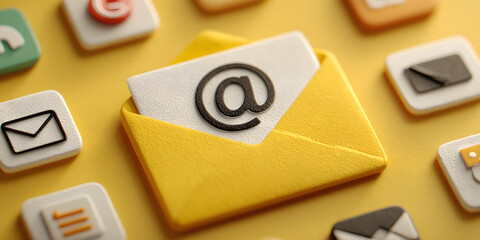Conceptual rendering of an open envelope with at sign, symbolizing communcation, notifications, and social media on a yellow bckdrop