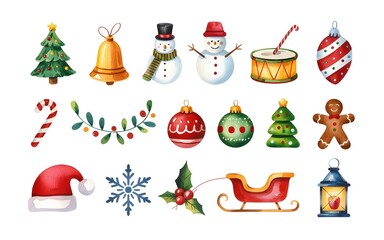 Fototapeta premium Assortment of watercolor christmas elements and ornaments isolated on white background