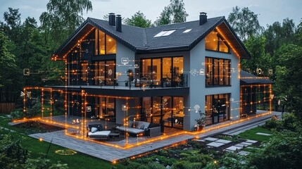 Smart home illuminated at dusk, showcasing automated features