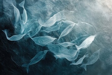 Obraz premium Ghostly translucent fish forms swim in a dark teal ocean, creating an ethereal underwater scene.