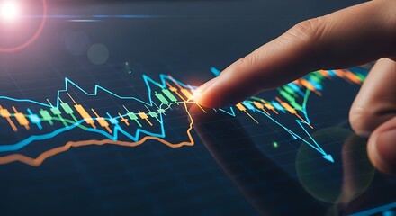 Close up of a human finger touching a glowing financial stock market graph with upward and downward trends displayed on a dark digital screen symbolizing analysis and investment