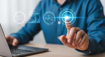 Person Interacting with Futuristic Data Visualization Interface on Laptop, Touching Digital Screen with Finger