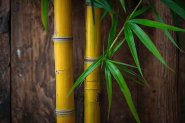 Fototapeta premium Close-up of a golden-stemmed bamboo with lush green foliage against a wooden backdrop