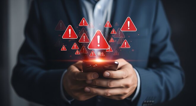 Businessman with Smartphone, Alert Symbols Rising: Cyber Security, Digital Danger, and Data Breach Concept - Powered by Adobe