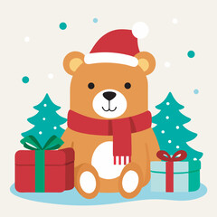 A delightful christmas illustration showcasing a teddy bear in a santa hat and scarf, nestled among christmas trees and presents, spreading holiday cheer
