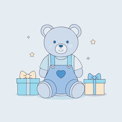 A charming illustration of a teddy bear wearing overalls, surrounded by pastelcolored gift boxes, creating a soft and whimsical atmosphere