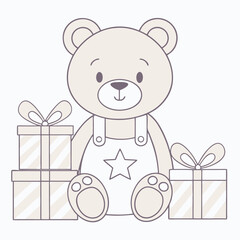 Adorable teddy bear sitting with gift boxes, a charming illustration isolated on white background, perfect for baby shower invitations and nursery decor