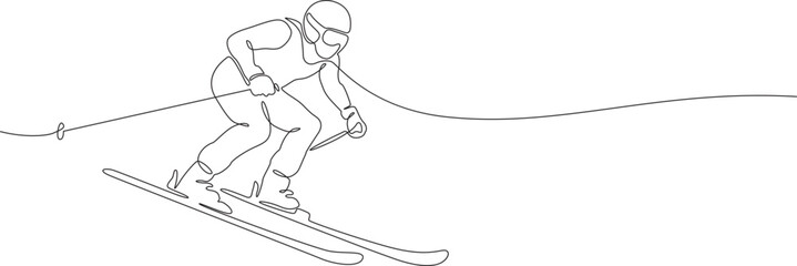 Continuous line drawing of an alpine skier racing downhill, perfect for winter sports visuals, Olympic events, or Milan 2026 themes