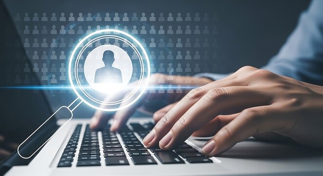 Close up of a person s hands typing on a laptop keyboard with a glowing digital avatar and binary code overlay symbolizing online identity and data security