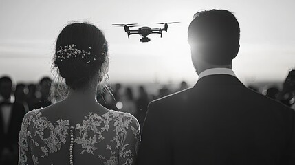 A drone captures a wedding couple's silhouette against a sunset backdrop, with guests blurred in the background
