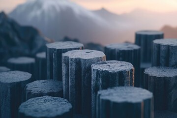 Numerous dark grey stone pillars stand on a mountaintop, with a misty mountain range in the background.