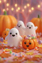  3d cartoon-style, cute ghosts and pumpkins with candy in the middle of them