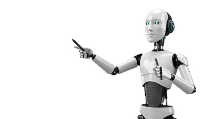 Fototapeta premium A realistic humanoid robot points towards something with its right hand and looks ahead