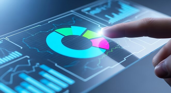 Close up of a finger interacting with a futuristic holographic interface displaying a colorful pie chart and financial data analytics on a digital screen