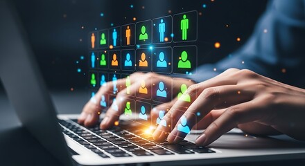 Close up of hands typing on a laptop keyboard with a vibrant digital network of diverse people icons glowing above symbolizing global connection and technology