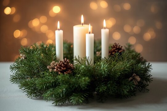First Sunday of Advent - Fir and evergreen branch wreath adorned with white lit candles, a pre-Christmas custom with cozy festive bokeh and space for text