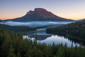 Enchanting foggy dawn over a serene mountain lake surrounded by rugged cliffs. Breathtaking wilderness at daybreak captured in a summer landscape.