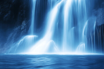 Mystical Blue Cascade: A Captivating Waterfall Scene in an Enigmatic Ambience