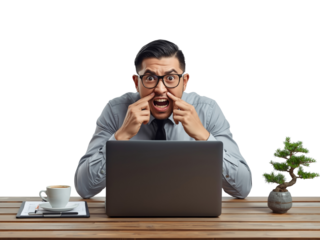 Comical businessman with strained expression pulling nose at desk on isolated background