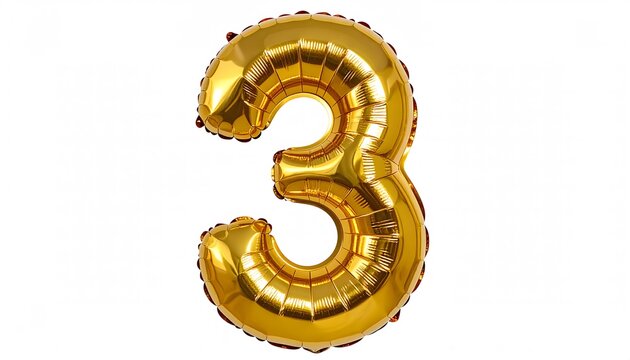 Golden number three foil balloon for a birthday or anniversary celebration, isolated on a white background