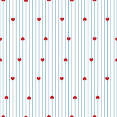 Fototapeta premium Blue stripe with red heart seamless fabric pattern