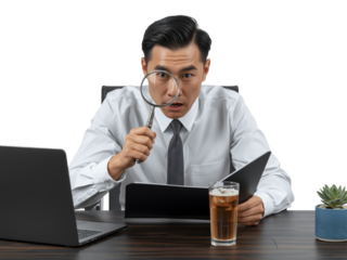 Asian professional engrossed scrutinizing documents with a magnifier amidst modern office setting
